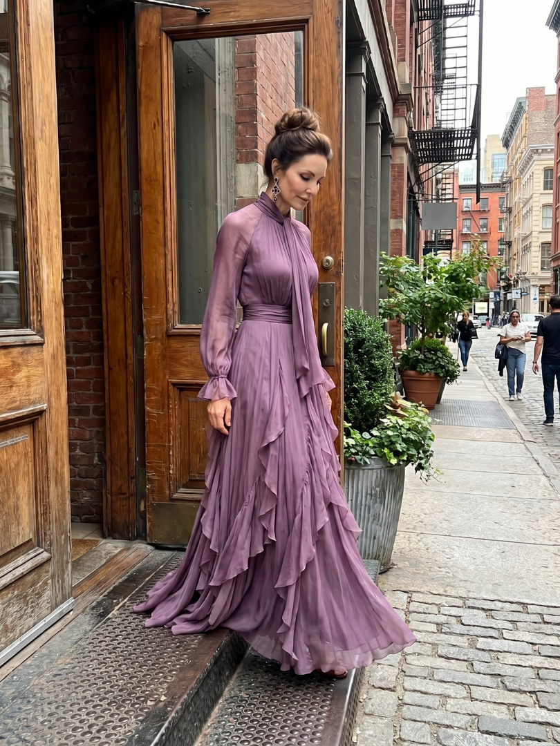 Kathleen | Vestido Maxi Escalonado con Cuello de Lazo