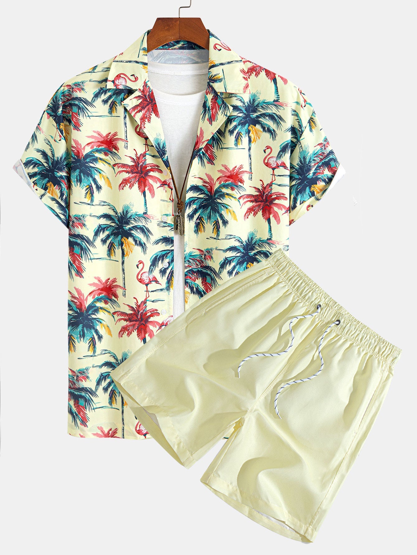 Camisa abotonada y bañador tipo bermuda «Relax Fit Flamingo» con estampado tropical de palmeras