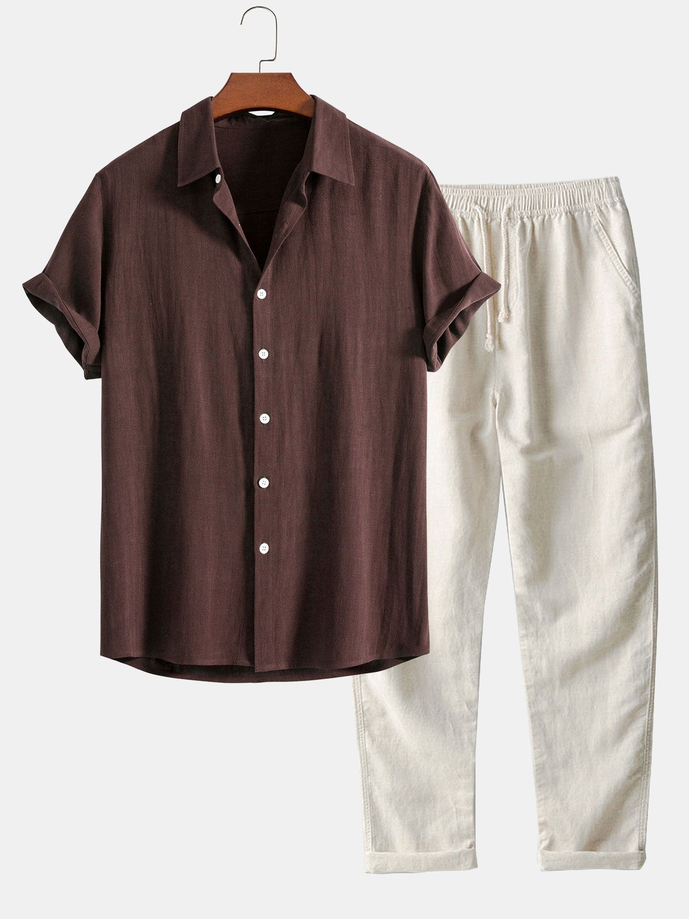 Camisa abotonada de mezcla de lino y rayón y pantalones rectos de lino