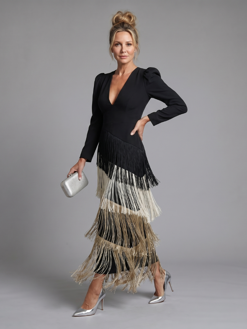 Elisabeth | Vestido Midi con Manga Larga y Flecos