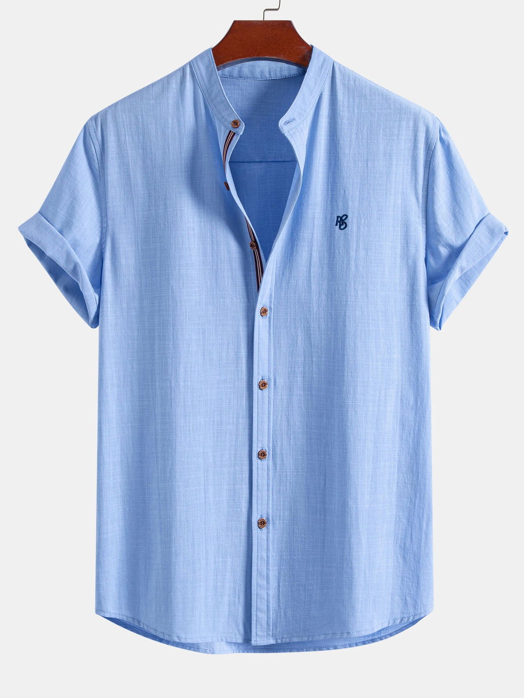 Short Sleeve Linen Look Stand Collar Shirt