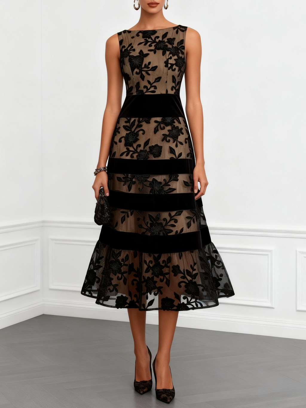 Vestido Midi Negro de Malla Floral sin Mangas y Línea A