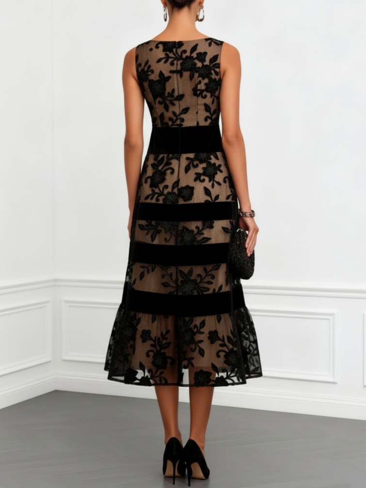 Vestido Midi Negro de Malla Floral sin Mangas y Línea A