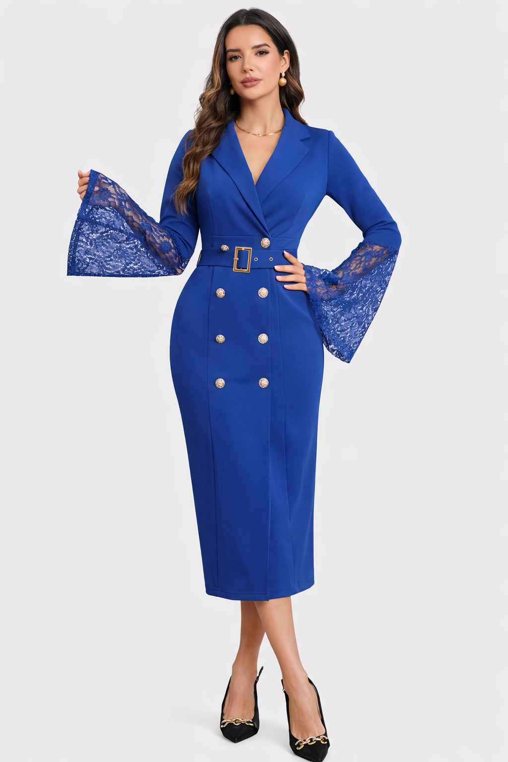 Kerensa | Vestido midi con cinturón y manga de encaje