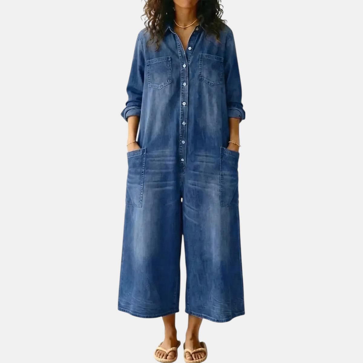 Mono Vaquero Lavado de Pierna Ancha con Botones para Mujer