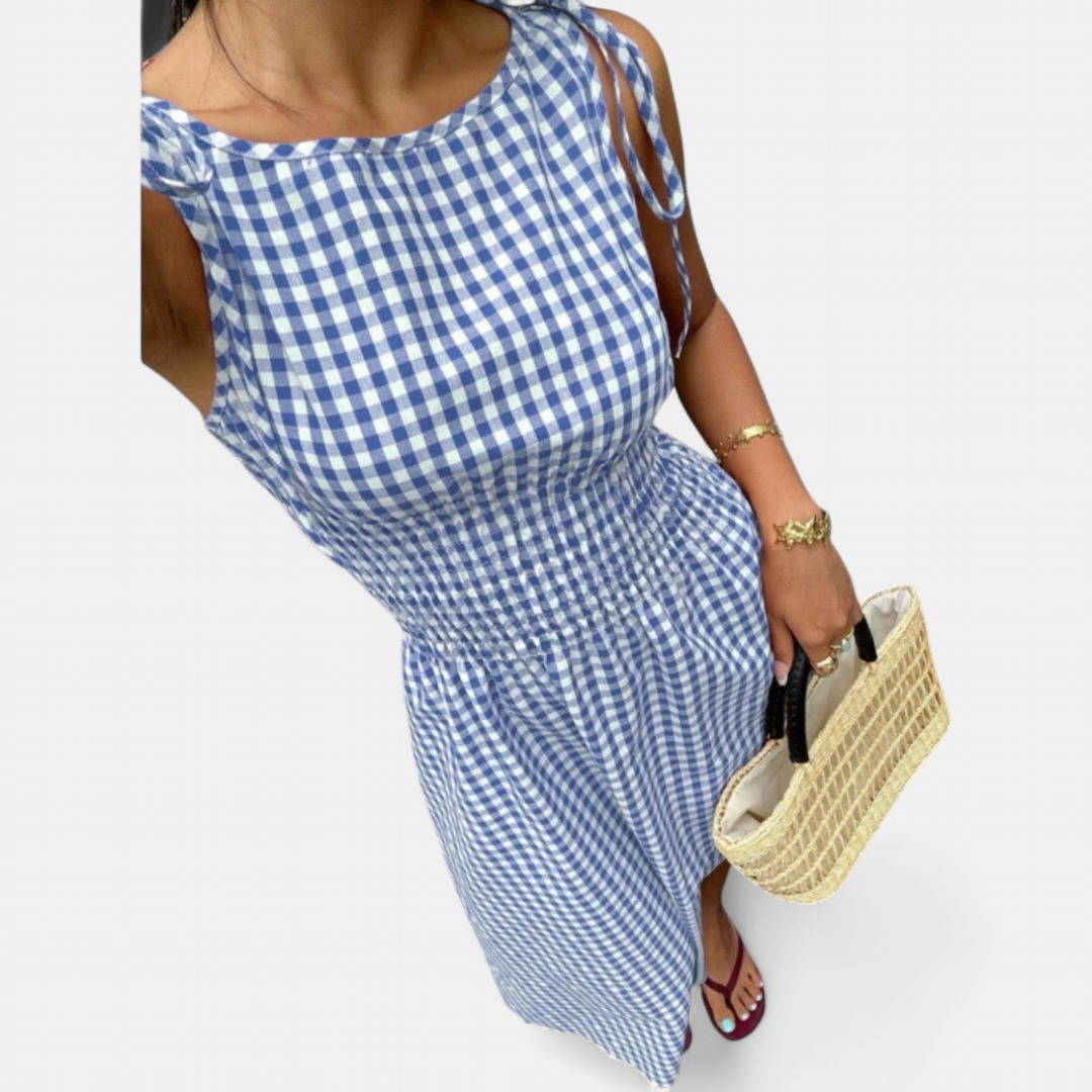 PERNETTE™ – Vestido midi de vichy con cintura fruncida