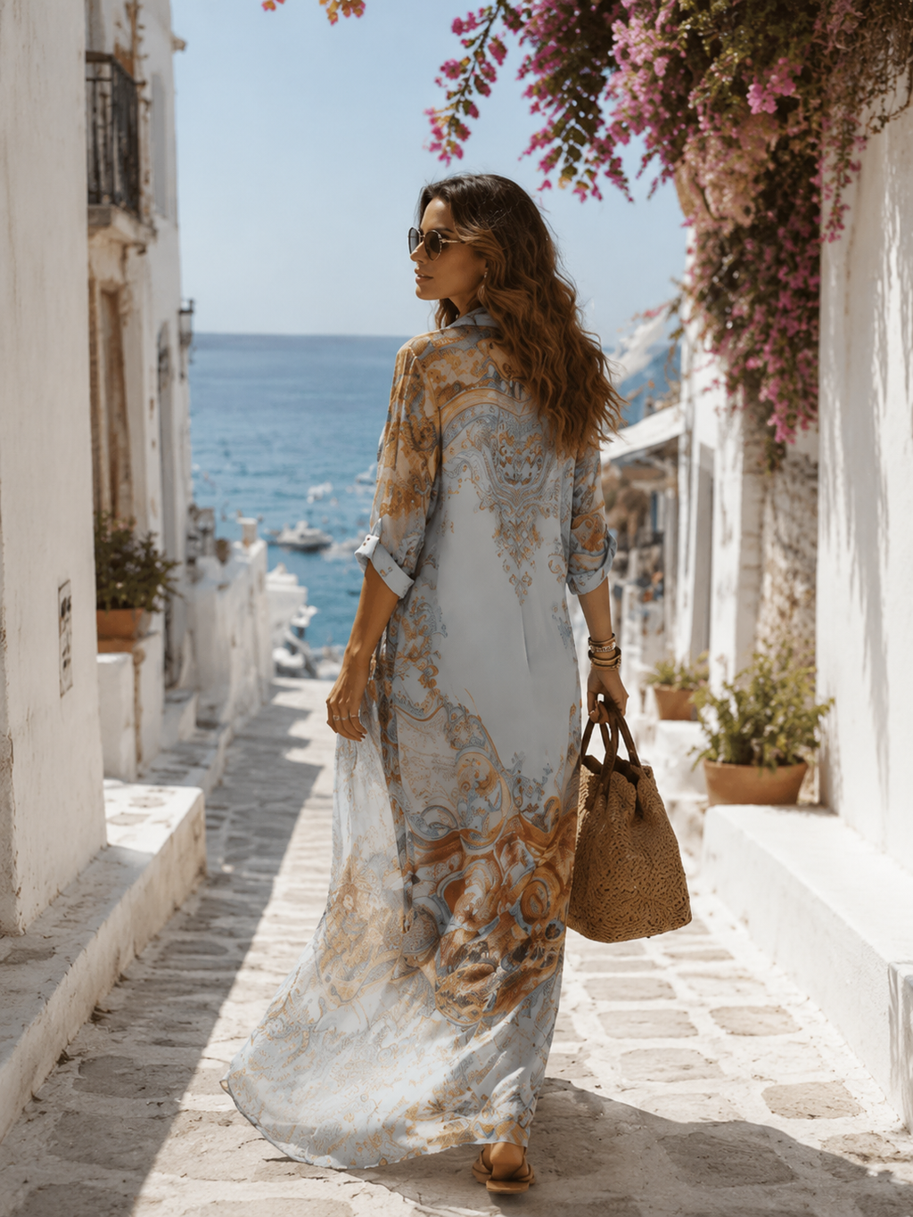 Vestido Largo de Gasa Azul con Estampado Floral de Estilo Barroco