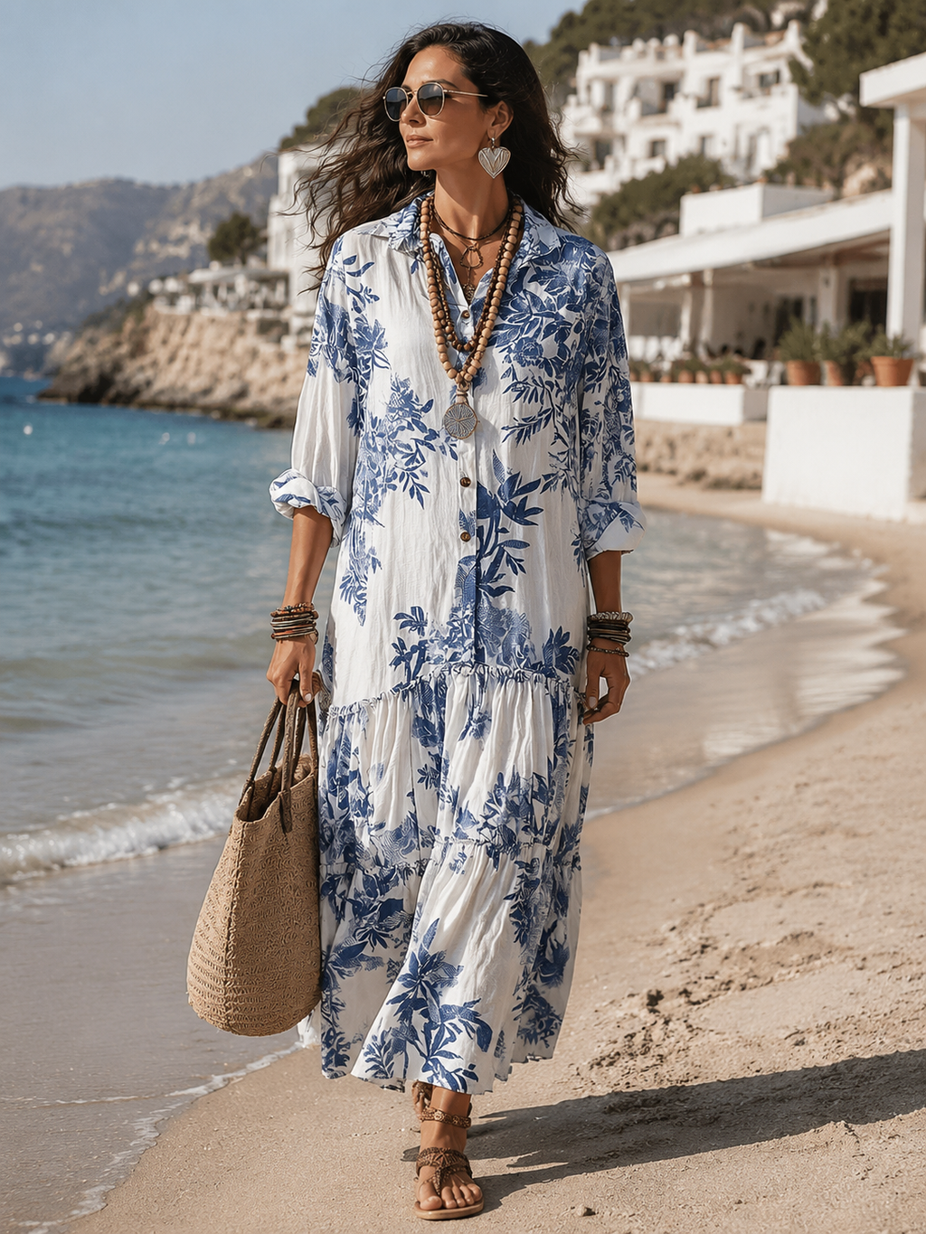 Vestido largo bohemio con botones y estampado floral azul