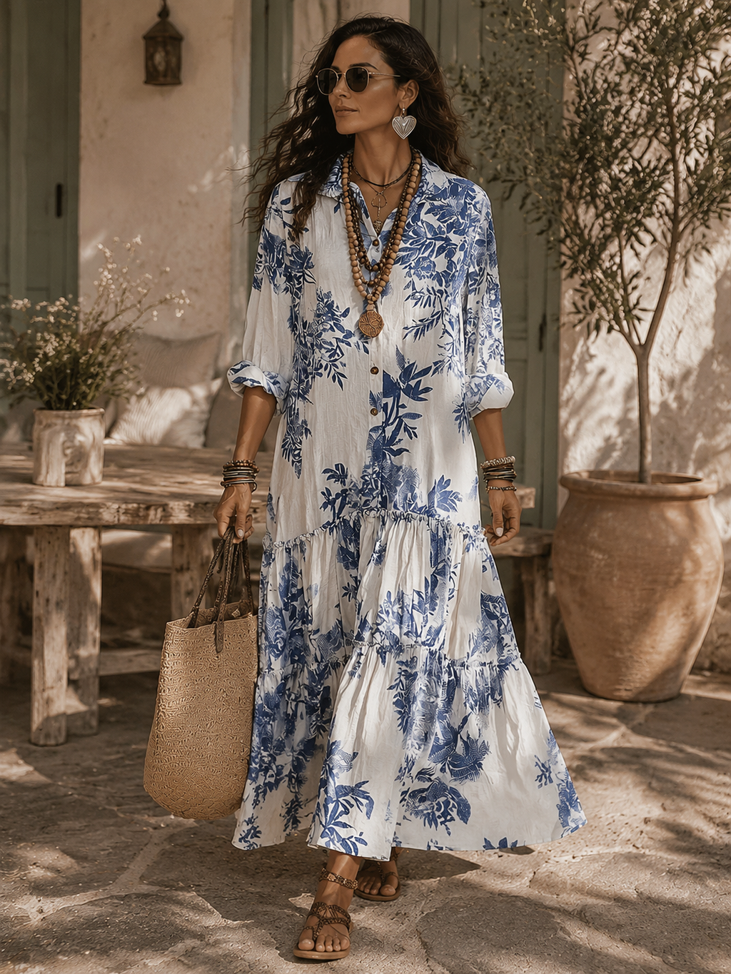 Vestido largo bohemio con botones y estampado floral azul
