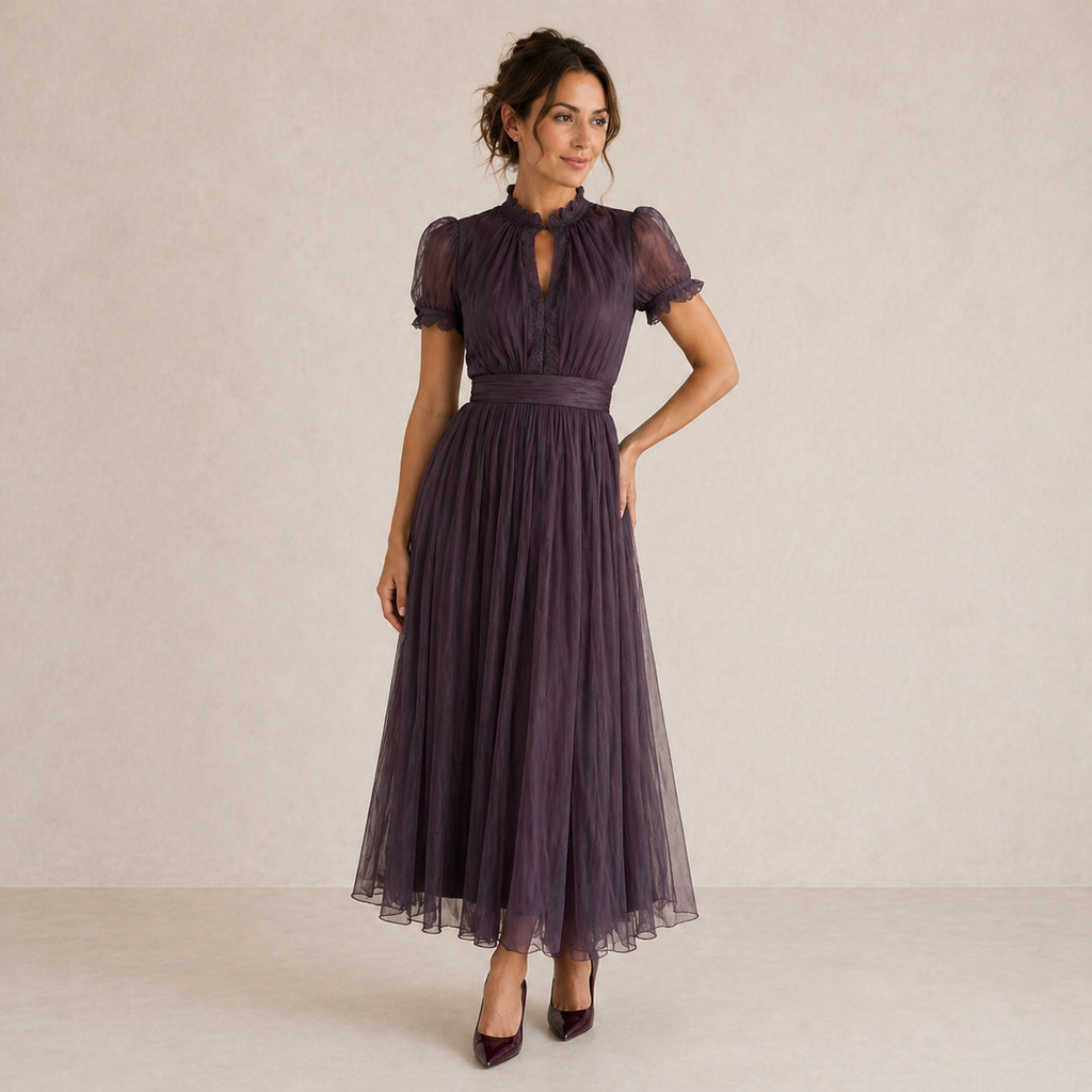 Calla | Vestido midi plisado con manga abullonada
