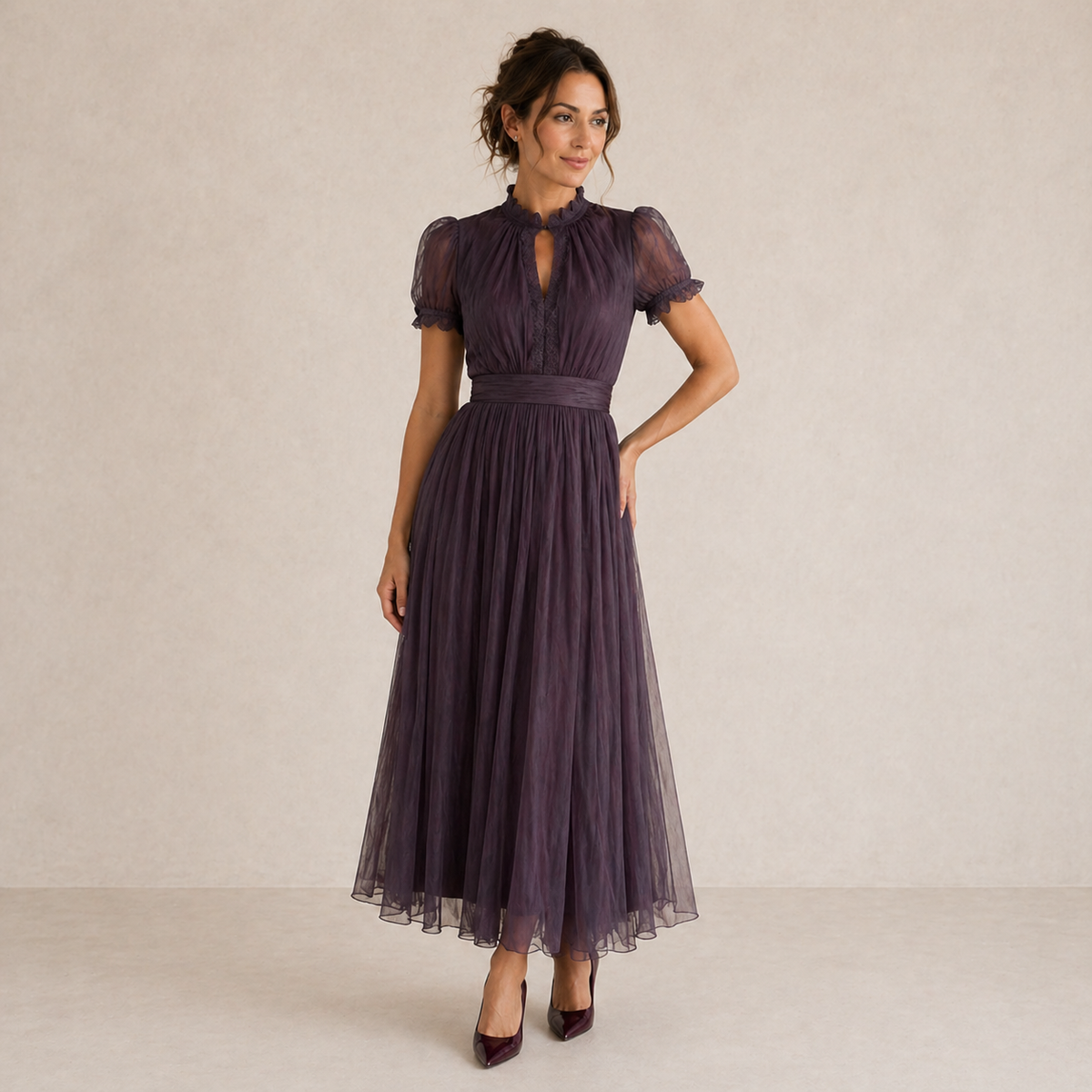 Calla | Vestido midi plisado con manga abullonada