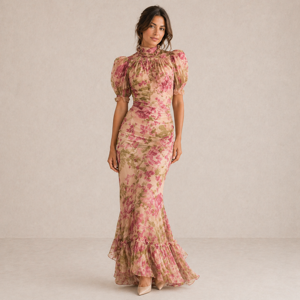 Tamsin | Vestido largo floral con manga abullonada