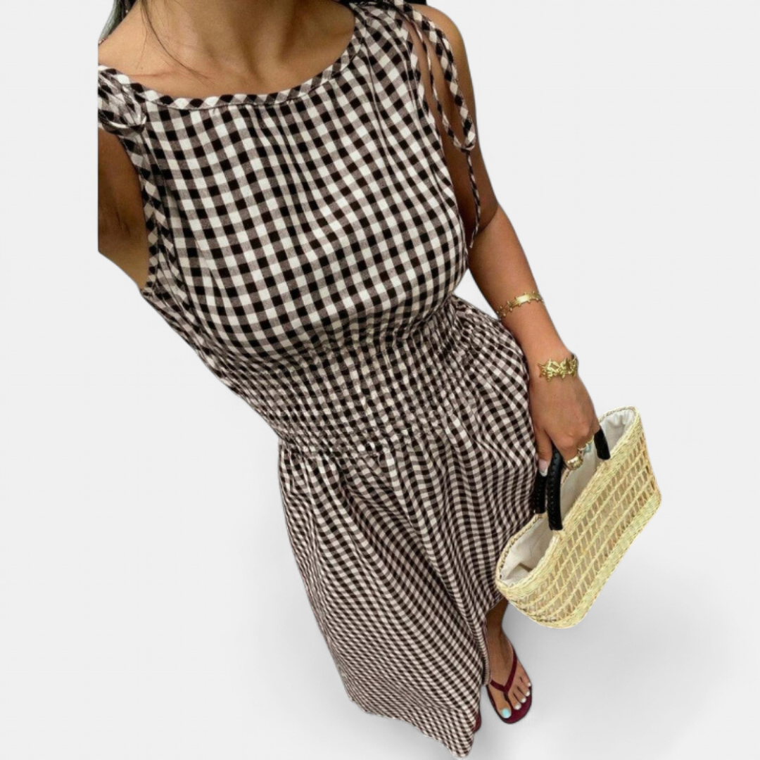 PERNETTE™ – Vestido midi de vichy con cintura fruncida