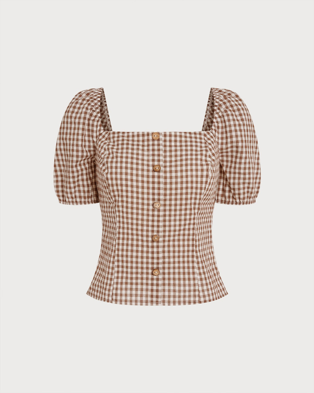 Blusa Marrón Cuello Cuadrado Manga Abullonada Cuadros