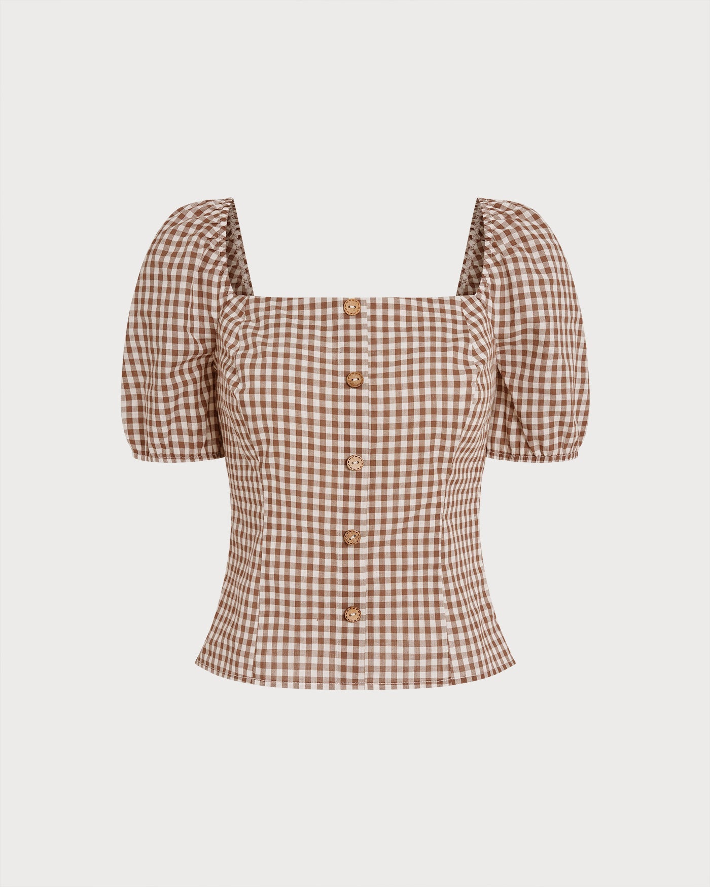 Blusa Marrón Cuello Cuadrado Manga Abullonada Cuadros