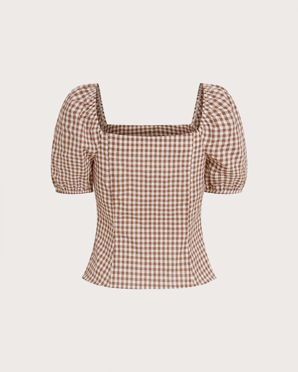 Blusa Marrón Cuello Cuadrado Manga Abullonada Cuadros