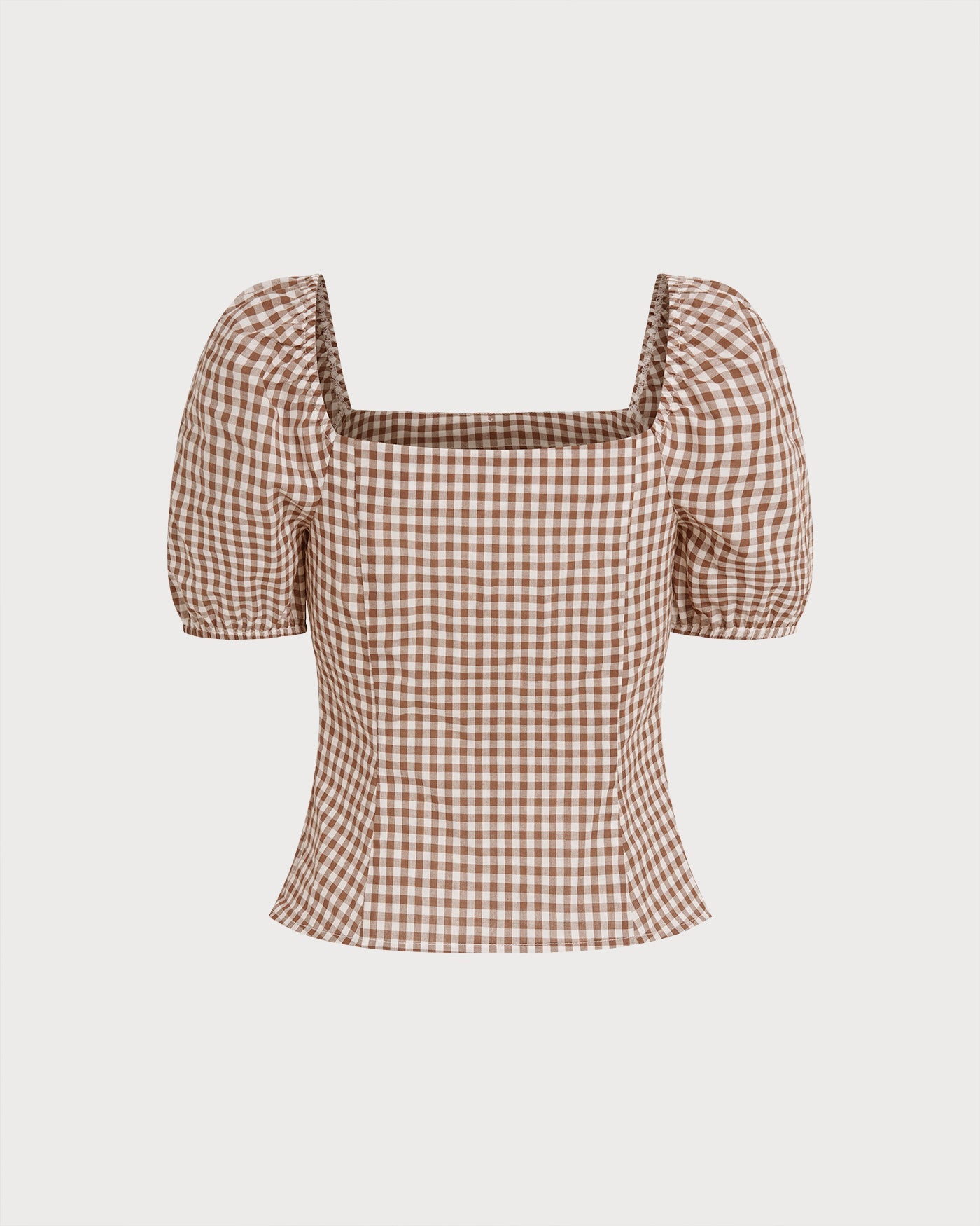 Blusa Marrón Cuello Cuadrado Manga Abullonada Cuadros