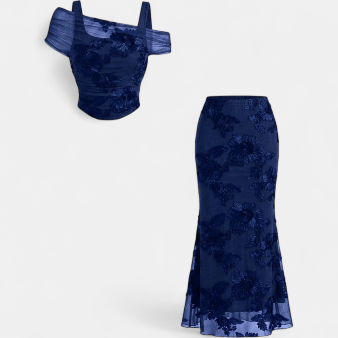 Conjunto de vestido largo de sirena en malla bordada, escote off-shoulder, para mujer