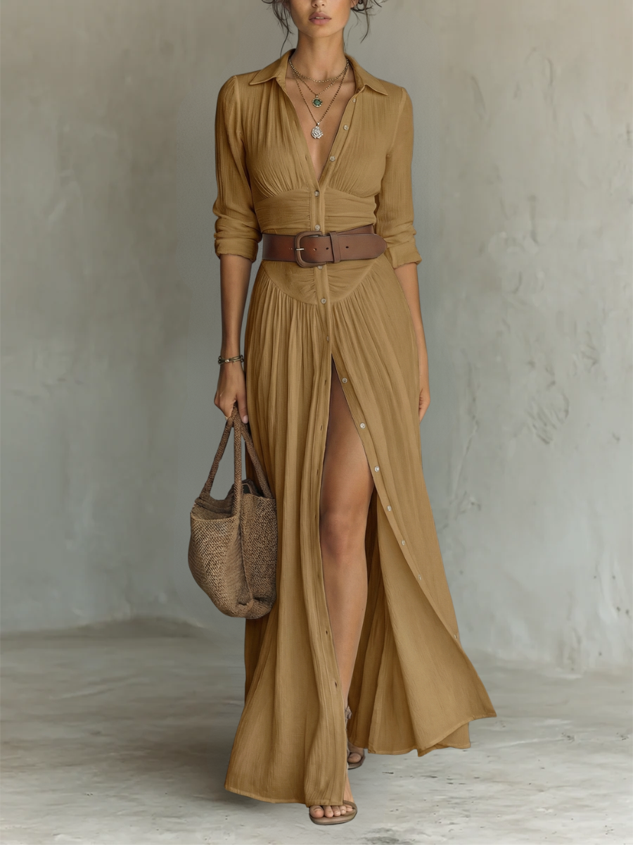 Vestido maxi largo con cuello de solapa y mangas largas para mujer • S1