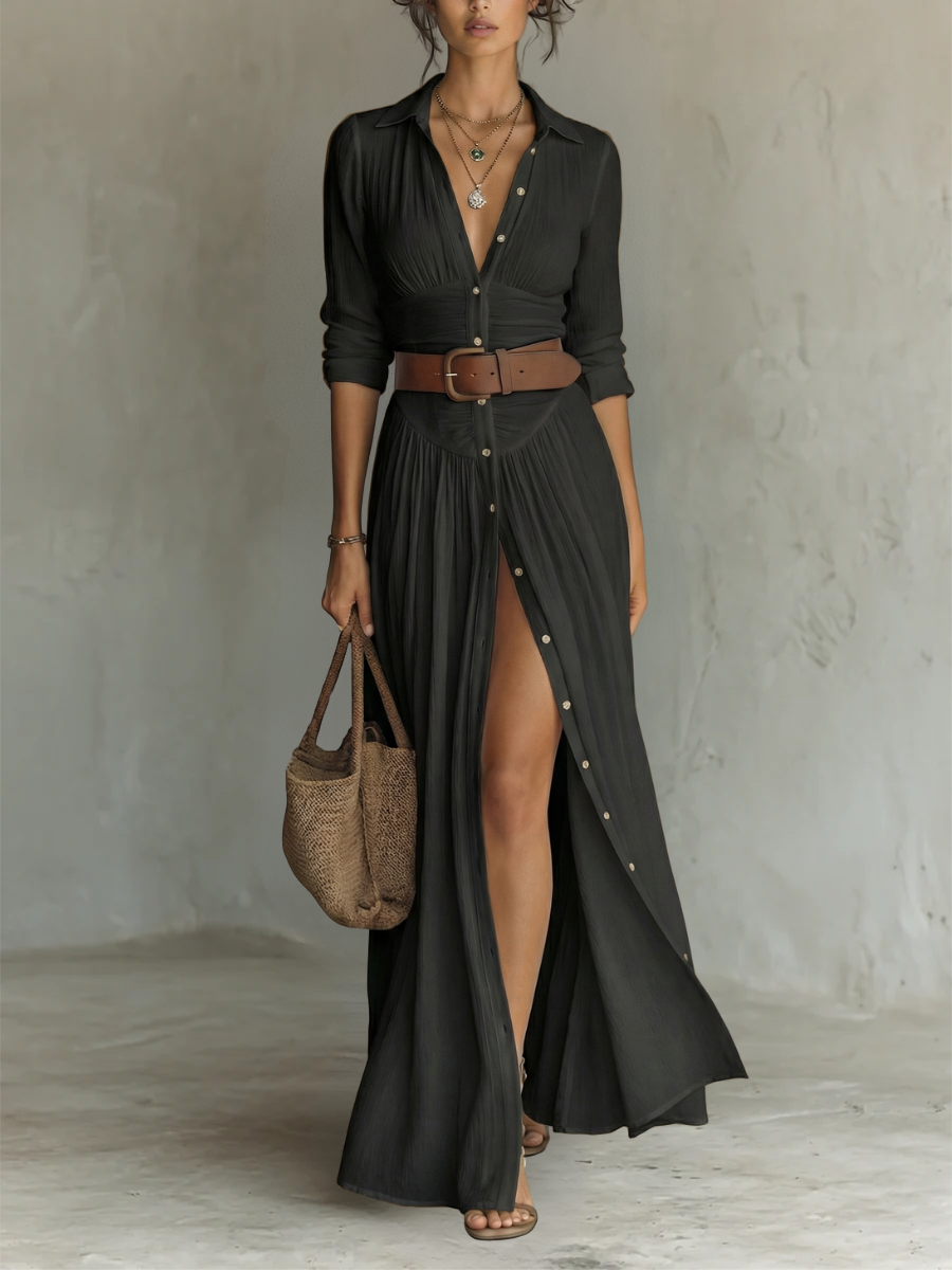 Vestido maxi largo con cuello de solapa y mangas largas para mujer • S1