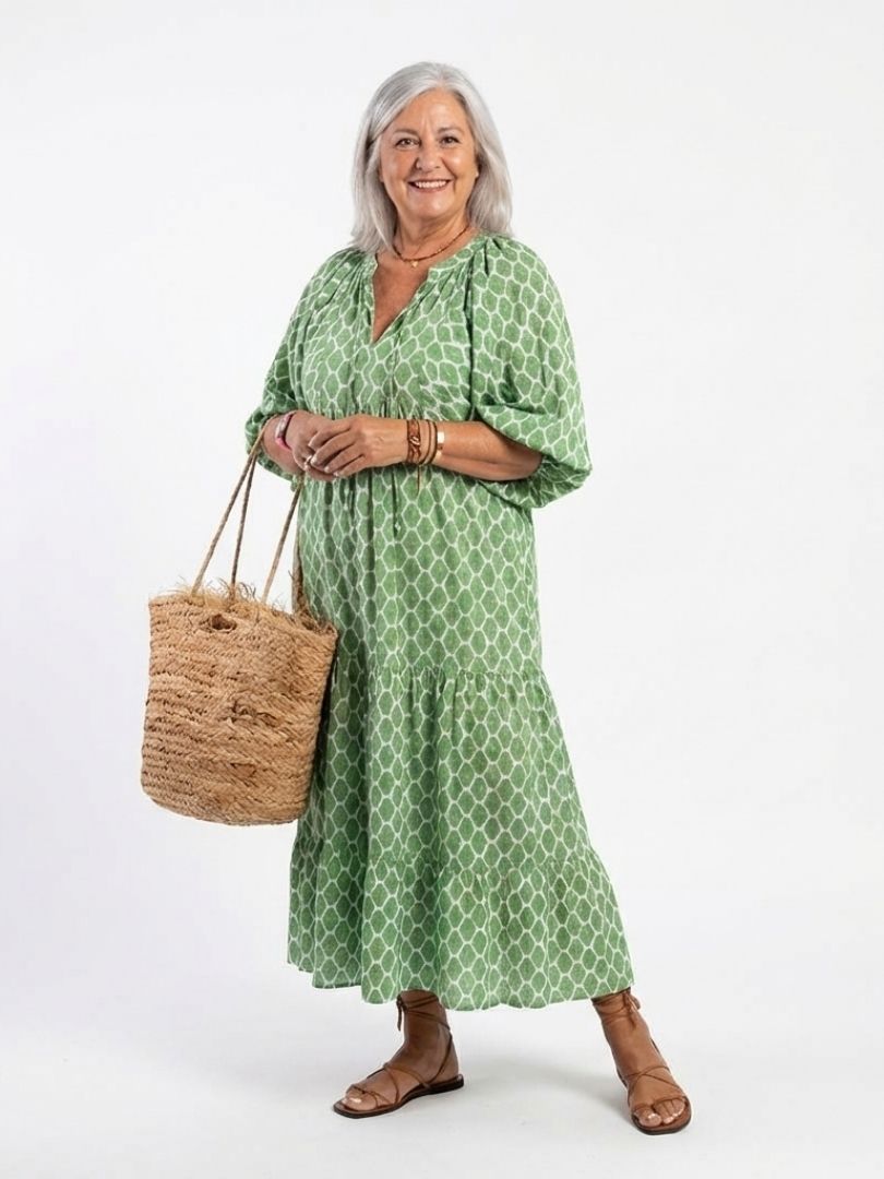 Apolline | Vestido Midi Estampado de Manga Tres Cuartos y Escote en V