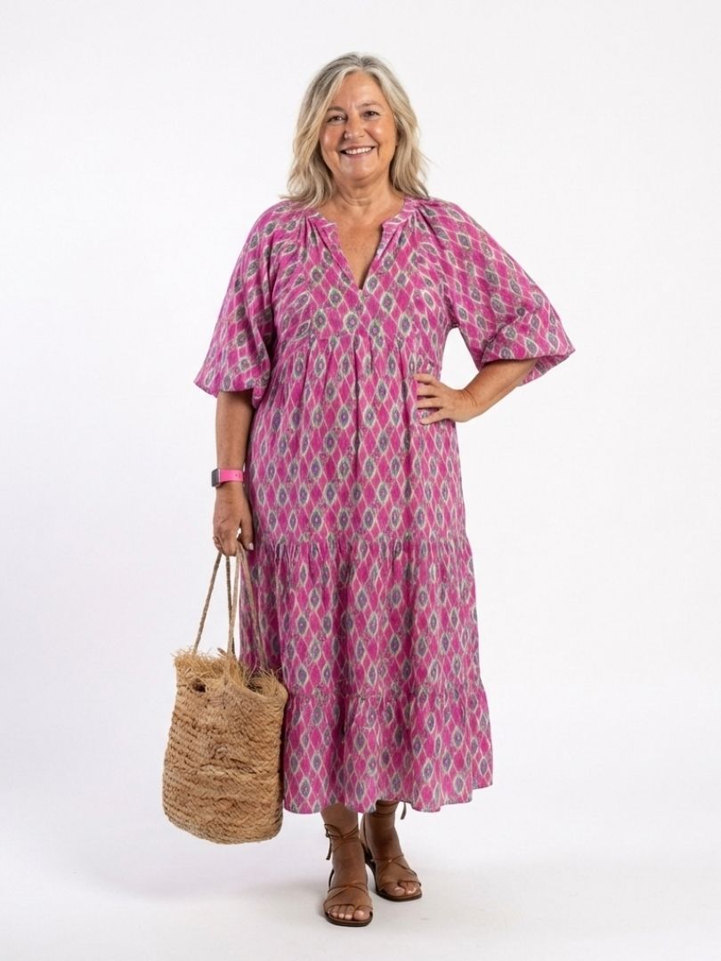 Apolline | Vestido Midi Estampado de Manga Tres Cuartos y Escote en V