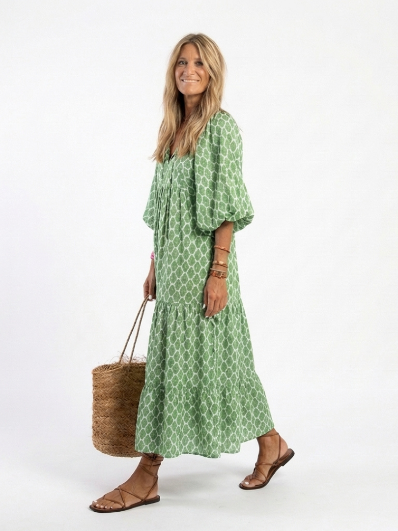 Apolline | Vestido Midi Estampado de Manga Tres Cuartos y Escote en V