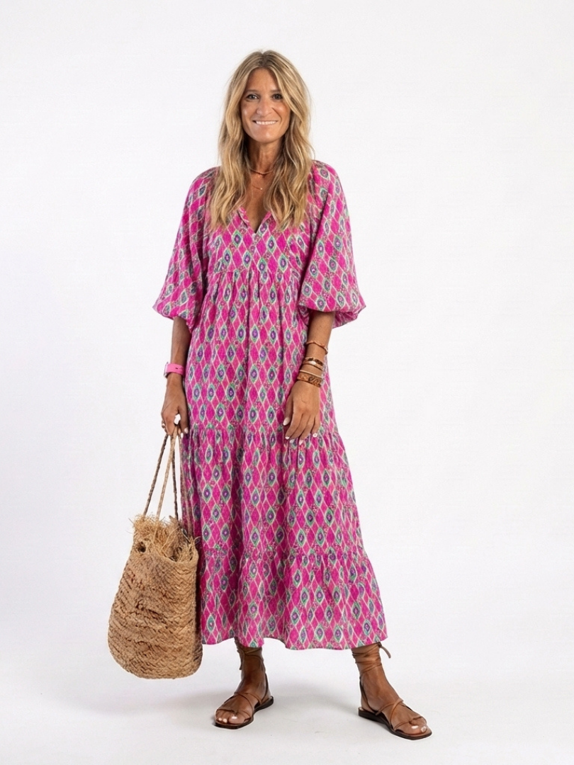 Apolline | Vestido Midi Estampado de Manga Tres Cuartos y Escote en V