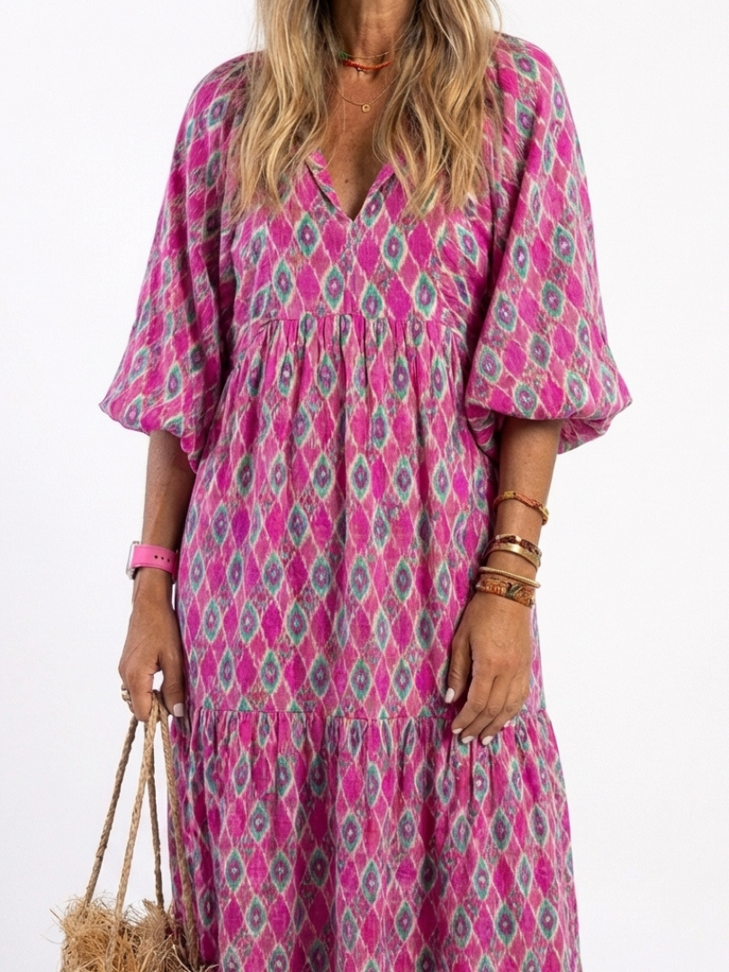 Apolline | Vestido Midi Estampado de Manga Tres Cuartos y Escote en V