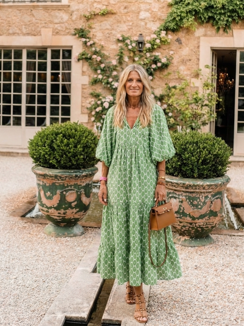 Apolline | Vestido Midi Estampado de Manga Tres Cuartos y Escote en V