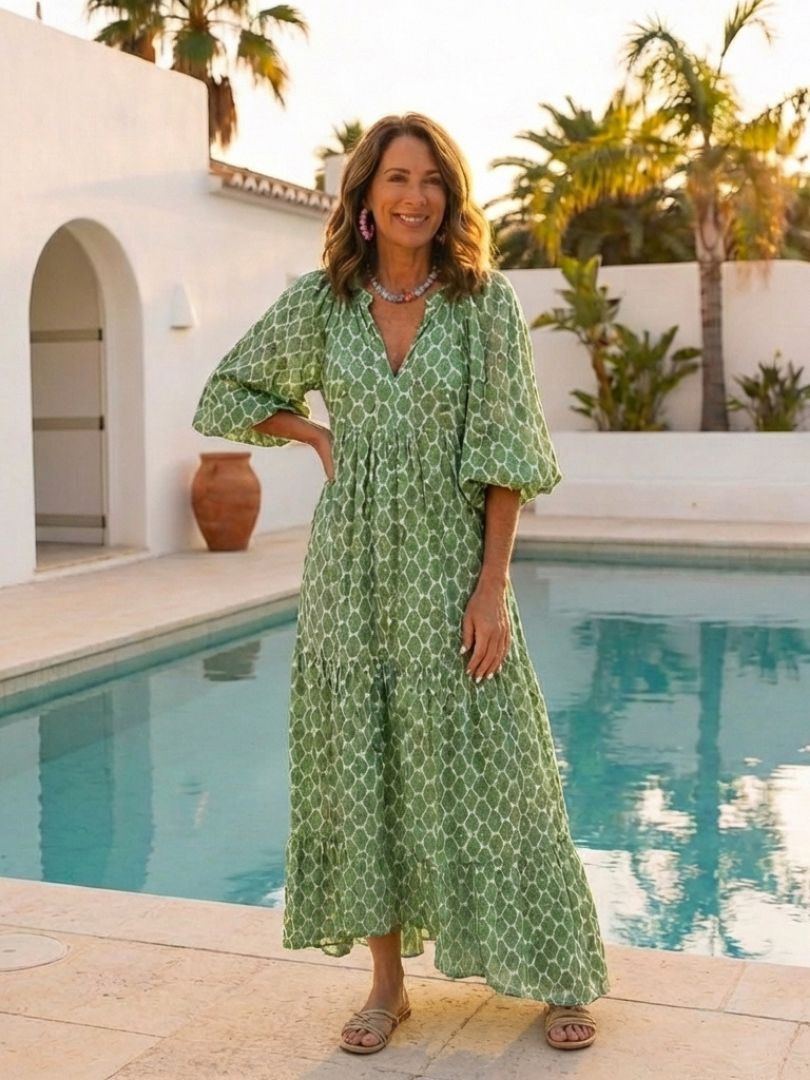 Apolline | Vestido Midi Estampado de Manga Tres Cuartos y Escote en V