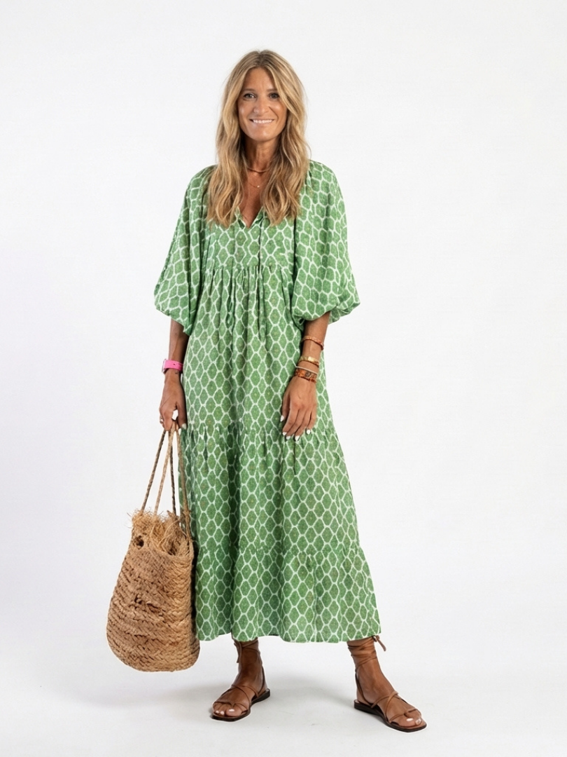 Apolline | Vestido Midi Estampado de Manga Tres Cuartos y Escote en V