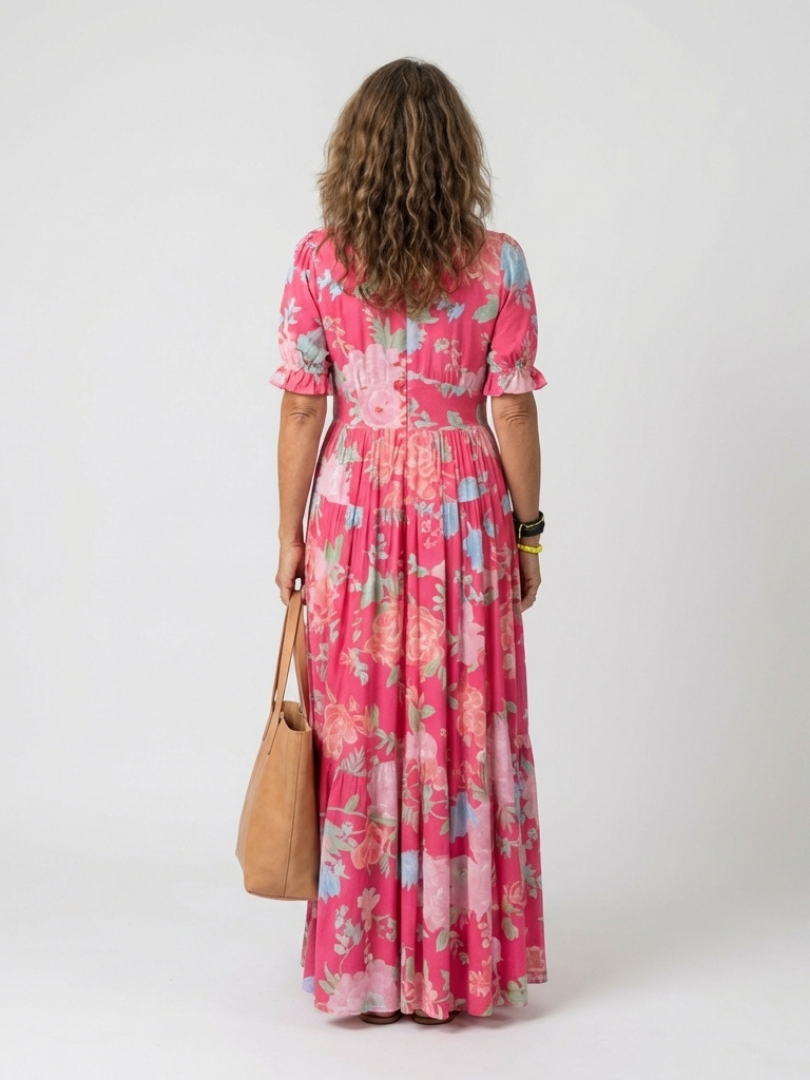 Ione | Vestido Midi Floral de Manga Corta y Escote en V