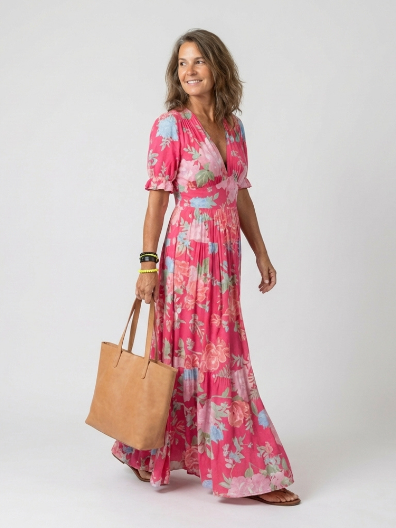 Ione | Vestido Midi Floral de Manga Corta y Escote en V