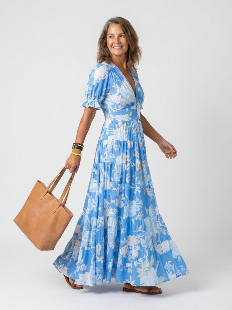 Ione | Vestido Midi Floral de Manga Corta y Escote en V