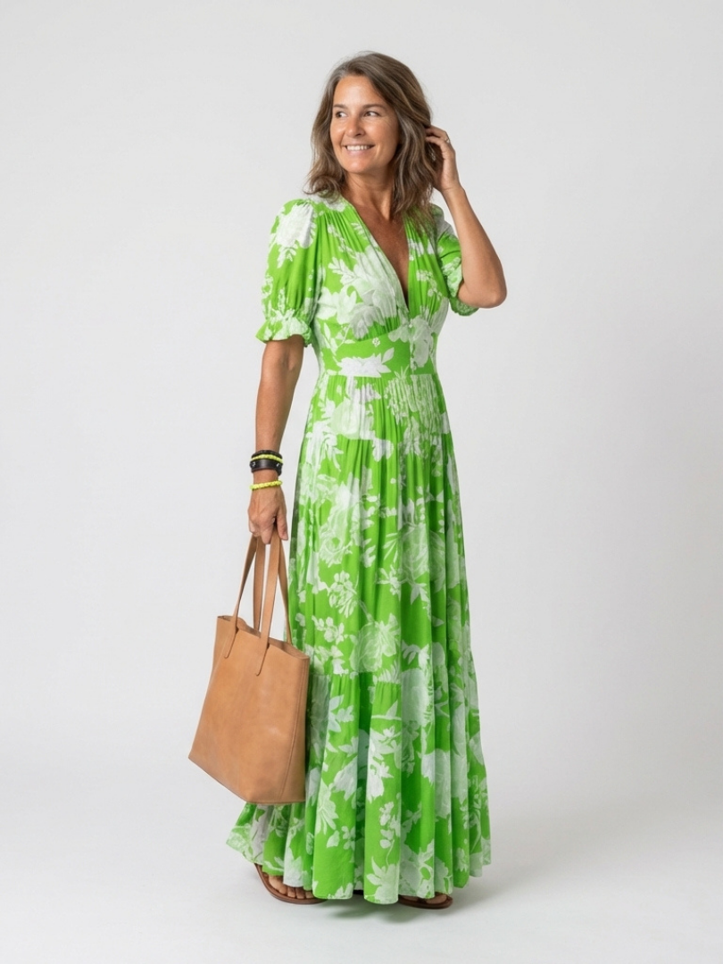 Ione | Vestido Midi Floral de Manga Corta y Escote en V