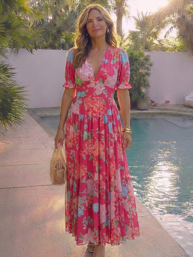 Ione | Vestido Midi Floral de Manga Corta y Escote en V