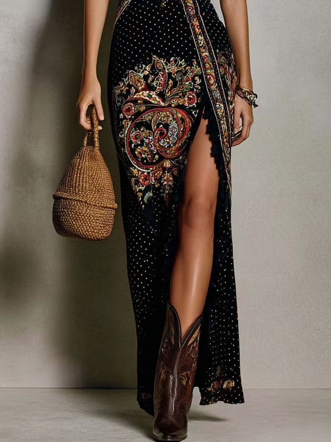 Vestido Estampado de Estilo Bohemio con Profundo Escote en V y Abertura Alta