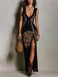 Vestido Estampado de Estilo Bohemio con Profundo Escote en V y Abertura Alta