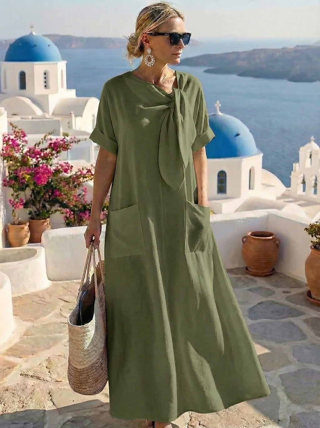 Vestido midi fluido con lazada al cuello
