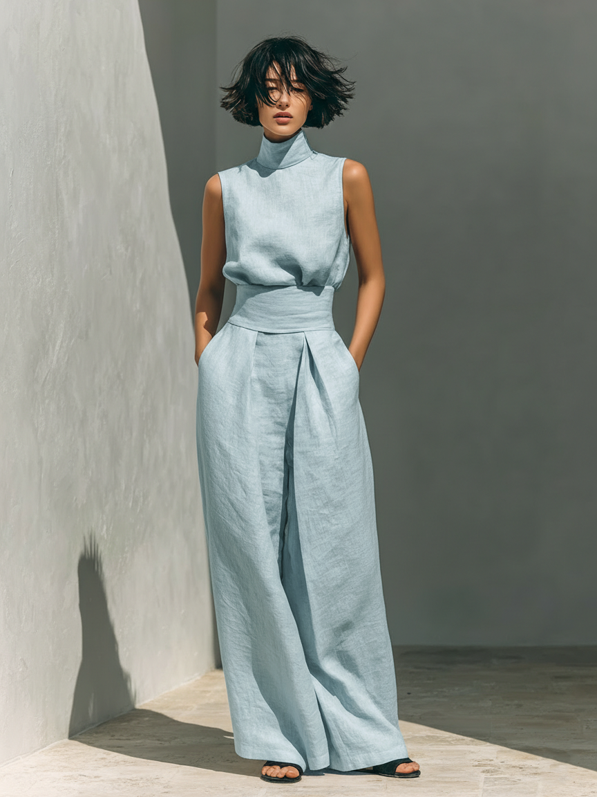 Conjunto Minimalista para Mujer con Blusa Sin Mangas y Pantalón de Pierna Ancha