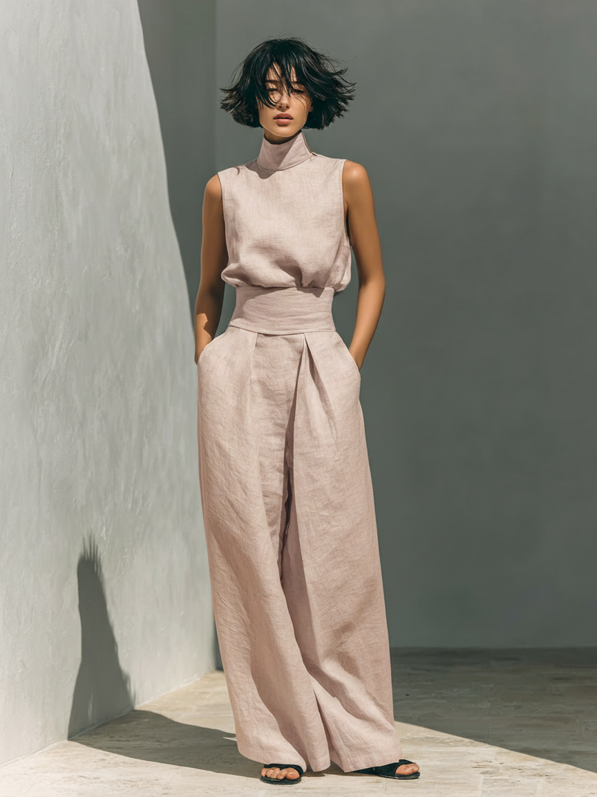 Conjunto Minimalista para Mujer con Blusa Sin Mangas y Pantalón de Pierna Ancha