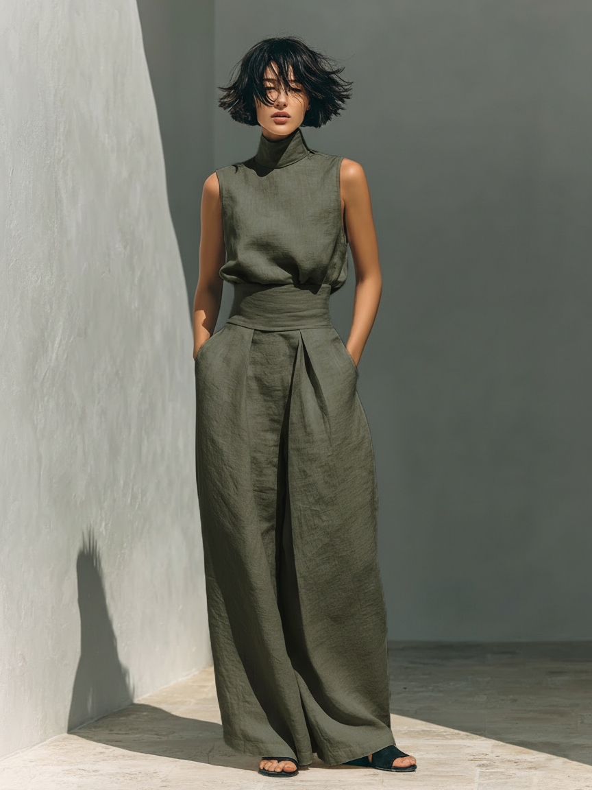Conjunto Minimalista para Mujer con Blusa Sin Mangas y Pantalón de Pierna Ancha