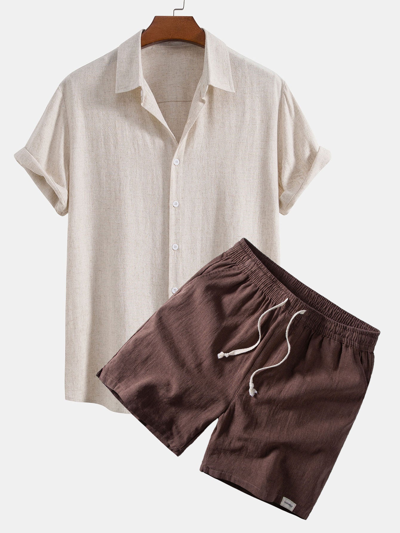 Camisa abotonada de mezcla de lino y rayón y pantalones cortos de 7" con cordón de ajuste de mezcla de lino