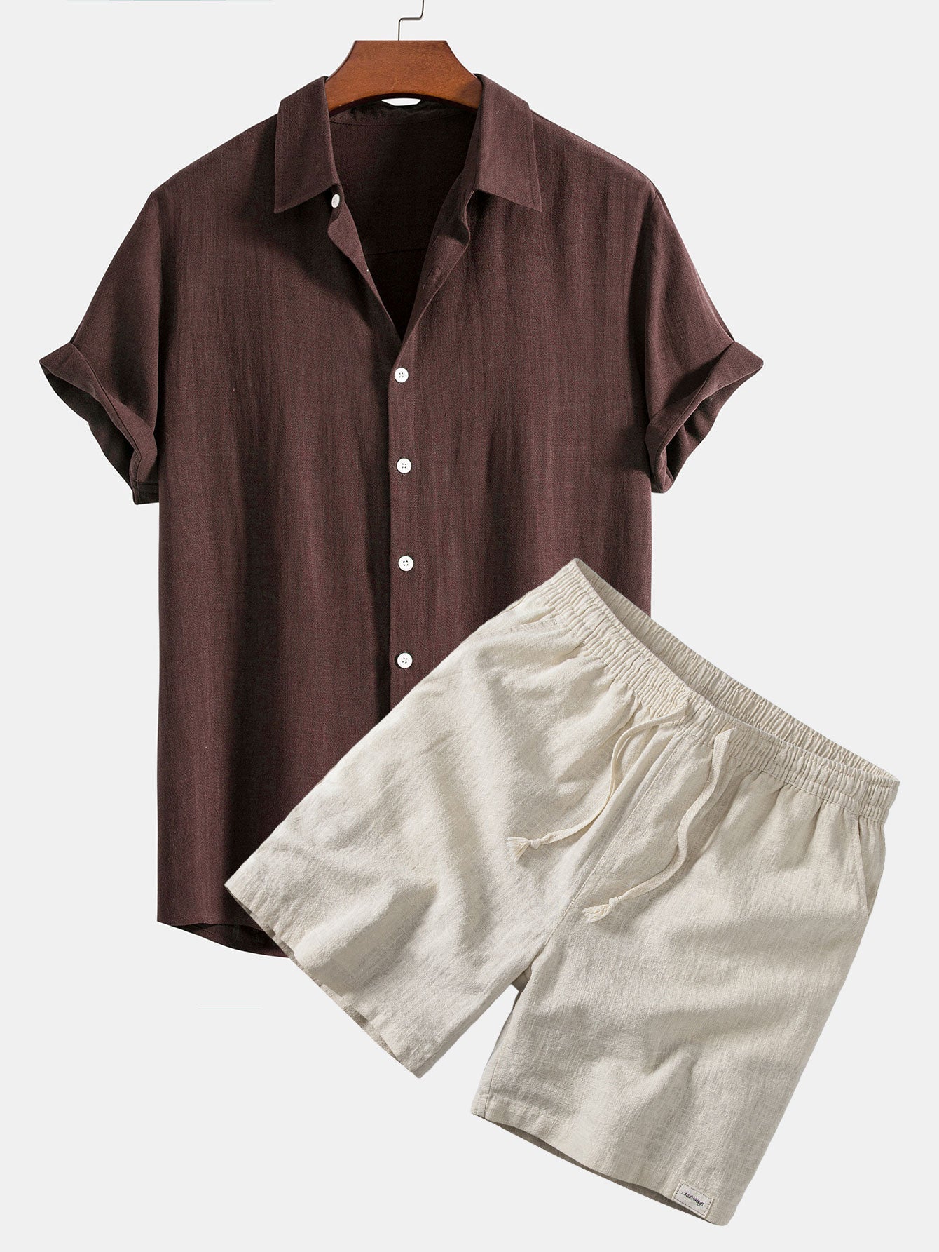 Camisa abotonada de mezcla de lino y rayón y pantalones cortos de 7" con cordón de ajuste de mezcla de lino