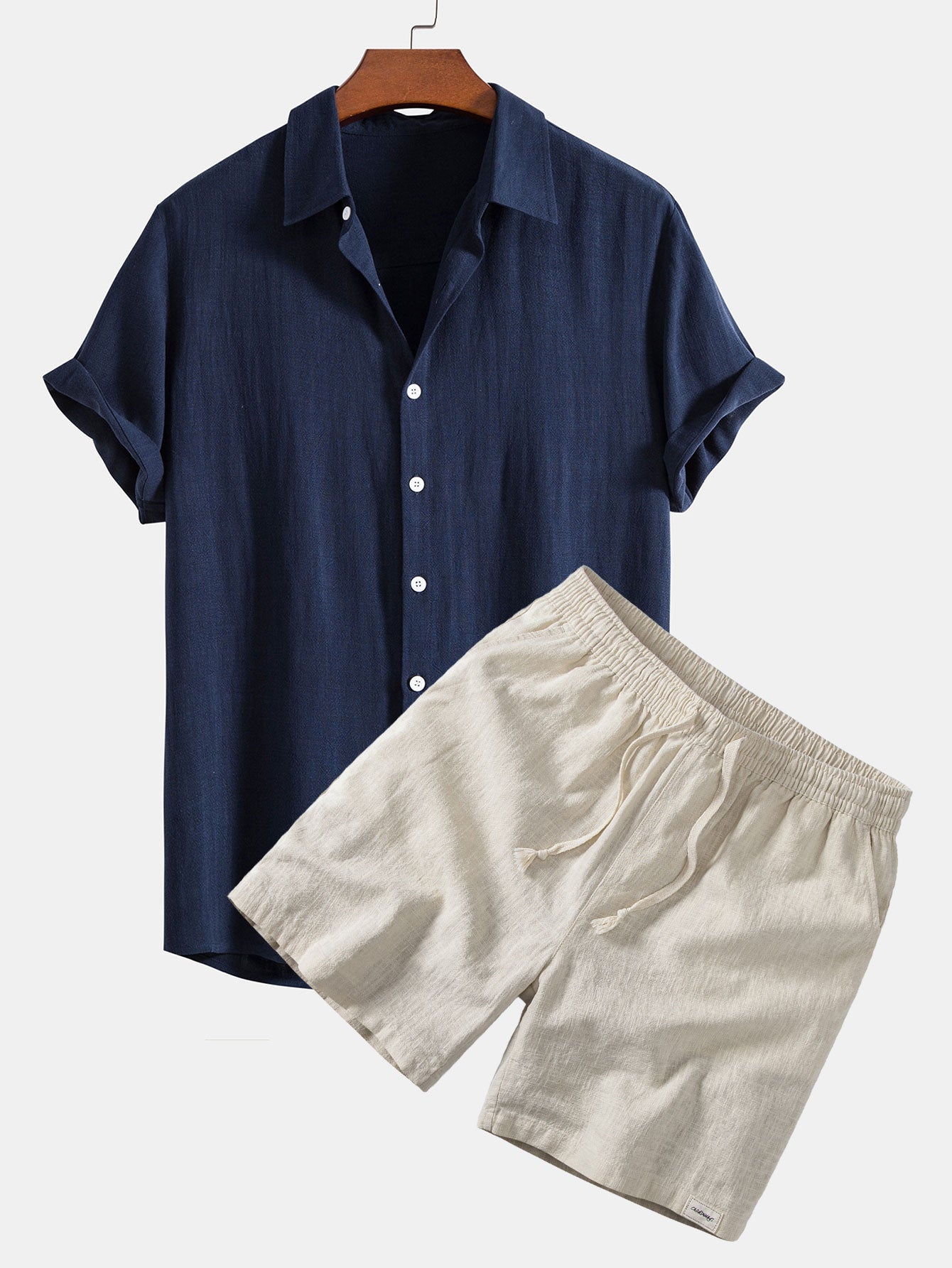 Camisa abotonada de mezcla de lino y rayón y pantalones cortos de 7" con cordón de ajuste de mezcla de lino