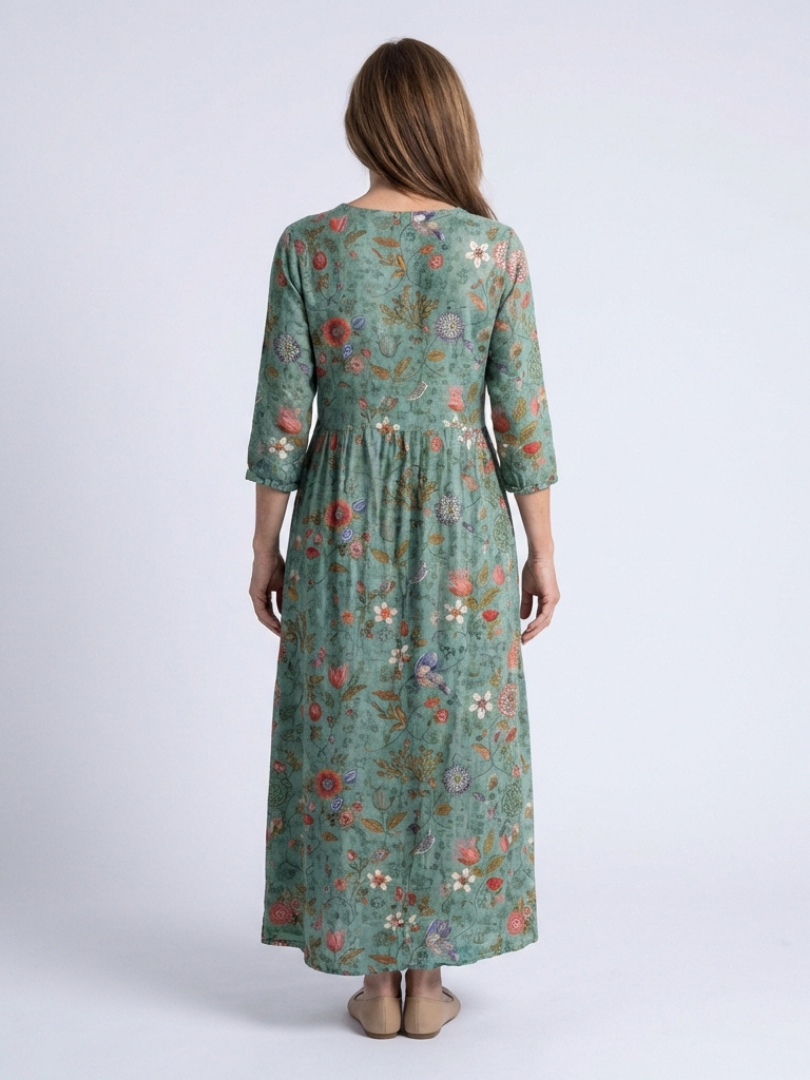 Marina | Vestido Maxi Floral de Manga Tres Cuartos y Escote en V