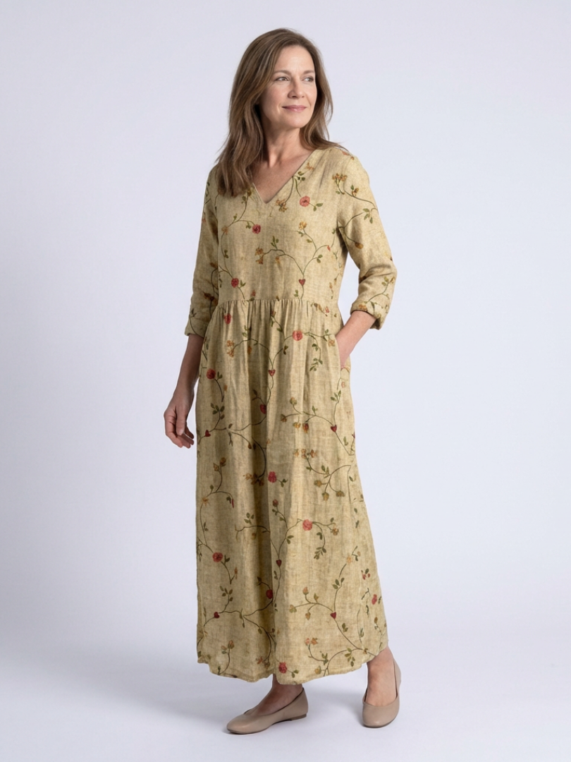 Marina | Vestido Maxi Floral de Manga Tres Cuartos y Escote en V