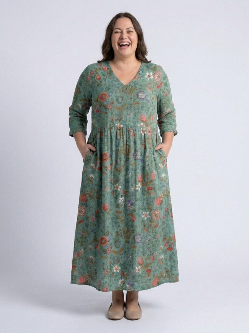 Marina | Vestido Maxi Floral de Manga Tres Cuartos y Escote en V