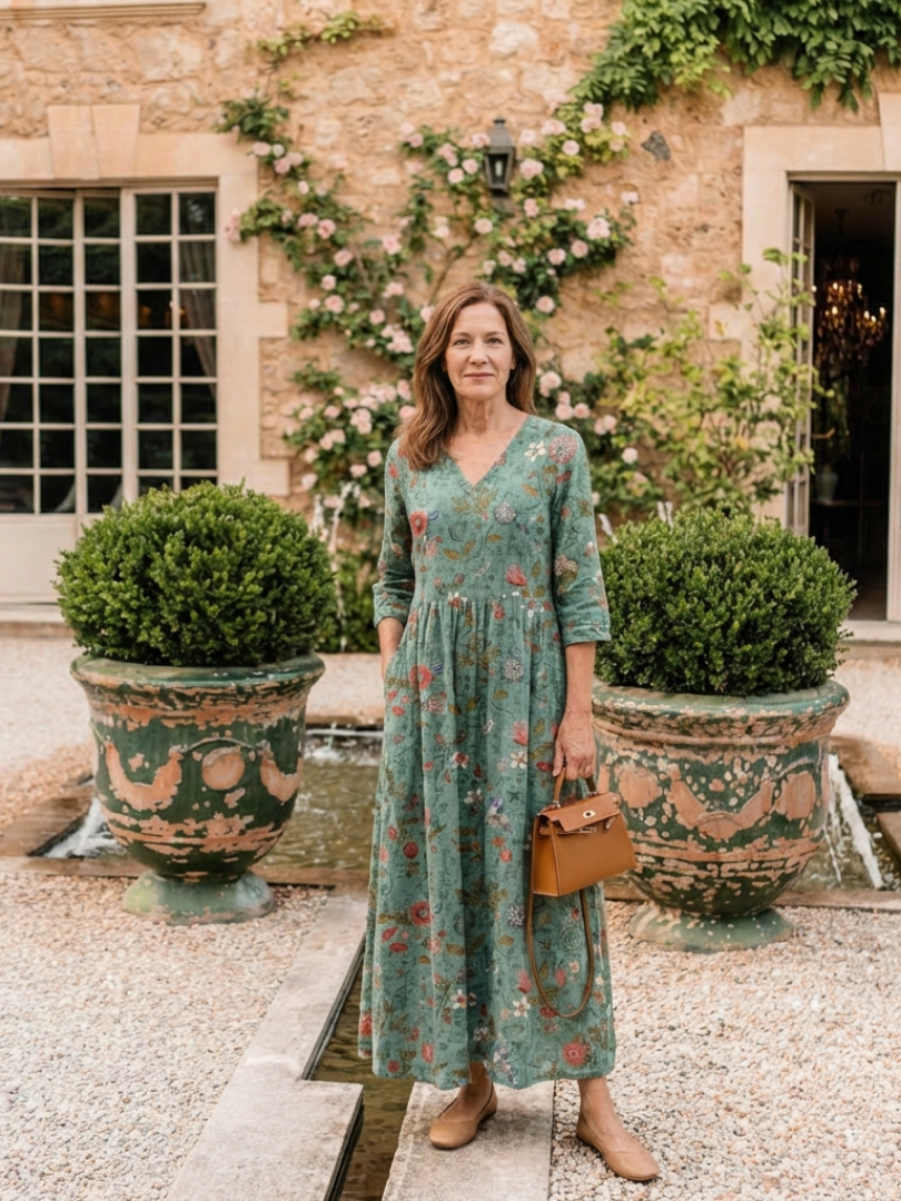 Marina | Vestido Maxi Floral de Manga Tres Cuartos y Escote en V